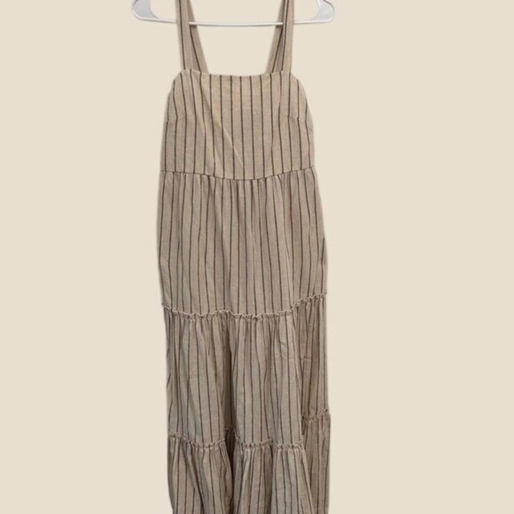 Primark Maxi Dress Natural Beige Black Stripe Tiered Linen Look Sun Dress Size 2